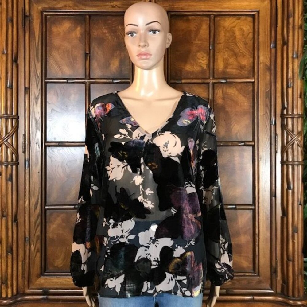 G by Giuliana Velvet Butterfly Chiffon Lantern Sleeve V-neck Top